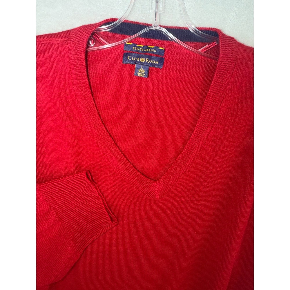 Club Room Mens Large Estate Merino Wool V-Neck Sweater Red Fine Knit Pullover